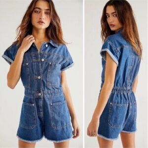 Free People Work Hard Play Harder Denim Romper in Sapphire Blue Sz XS